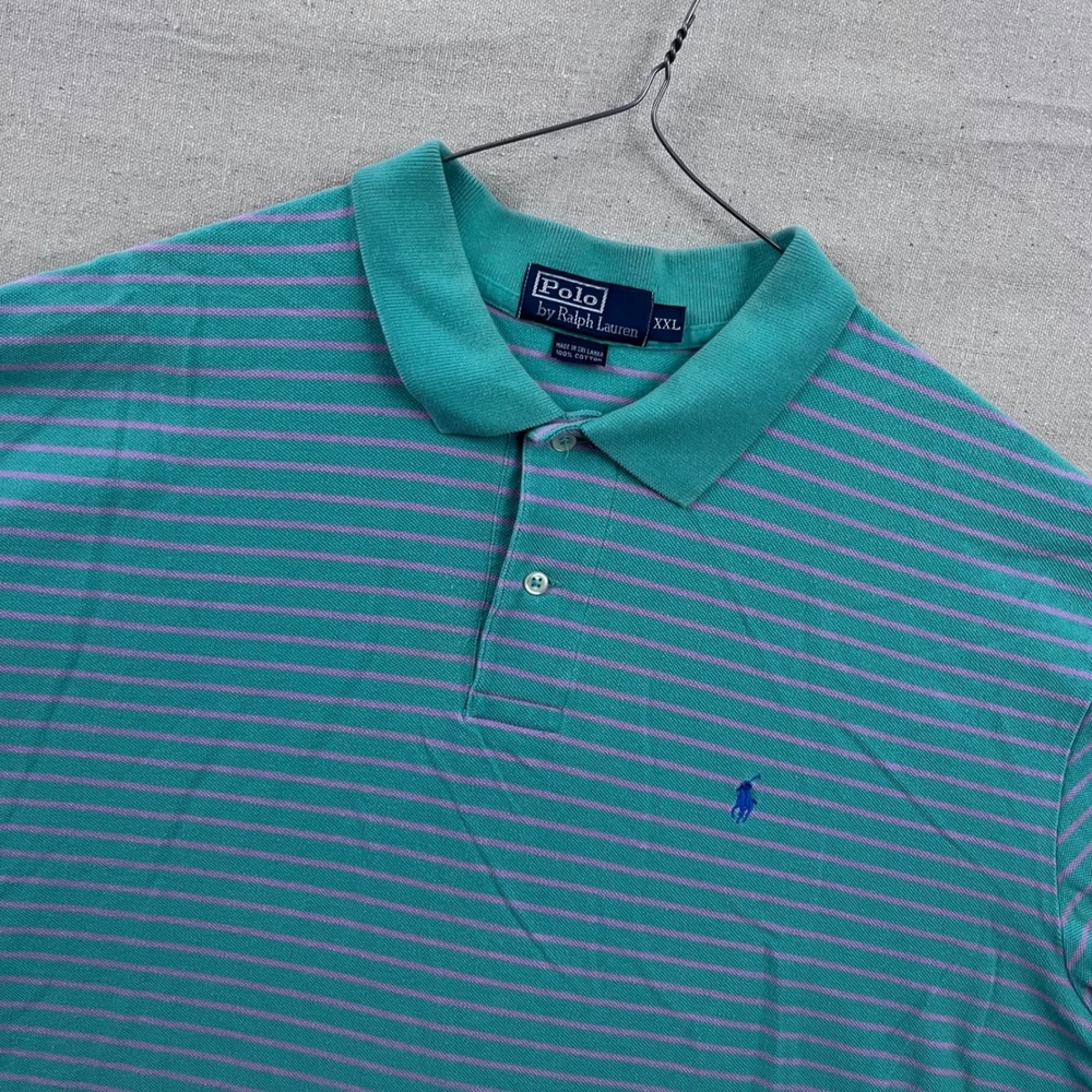 Polo Ralph Lauren Polo Shirt Mens XXL Teal Purple Striped Cotton Short Sleeve